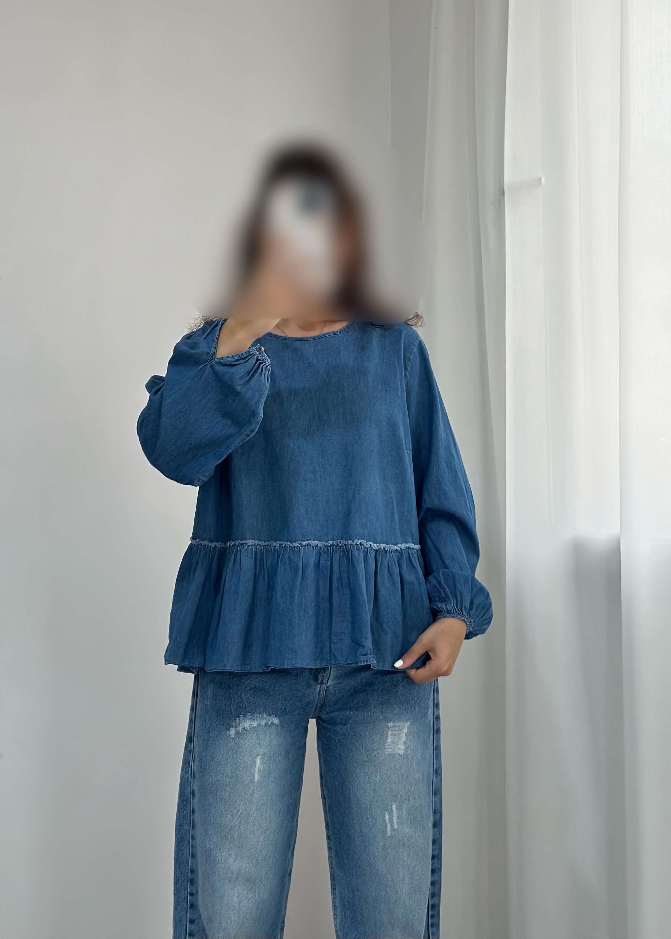 شومیز جین چیندار عروسکی وارداتی ریزشی